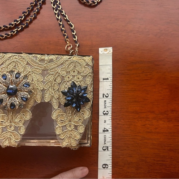 Steve Madden Gold and navy jeweled lace  Heels, clutch and headpiece handmade. 8 - Picture 13 of 17